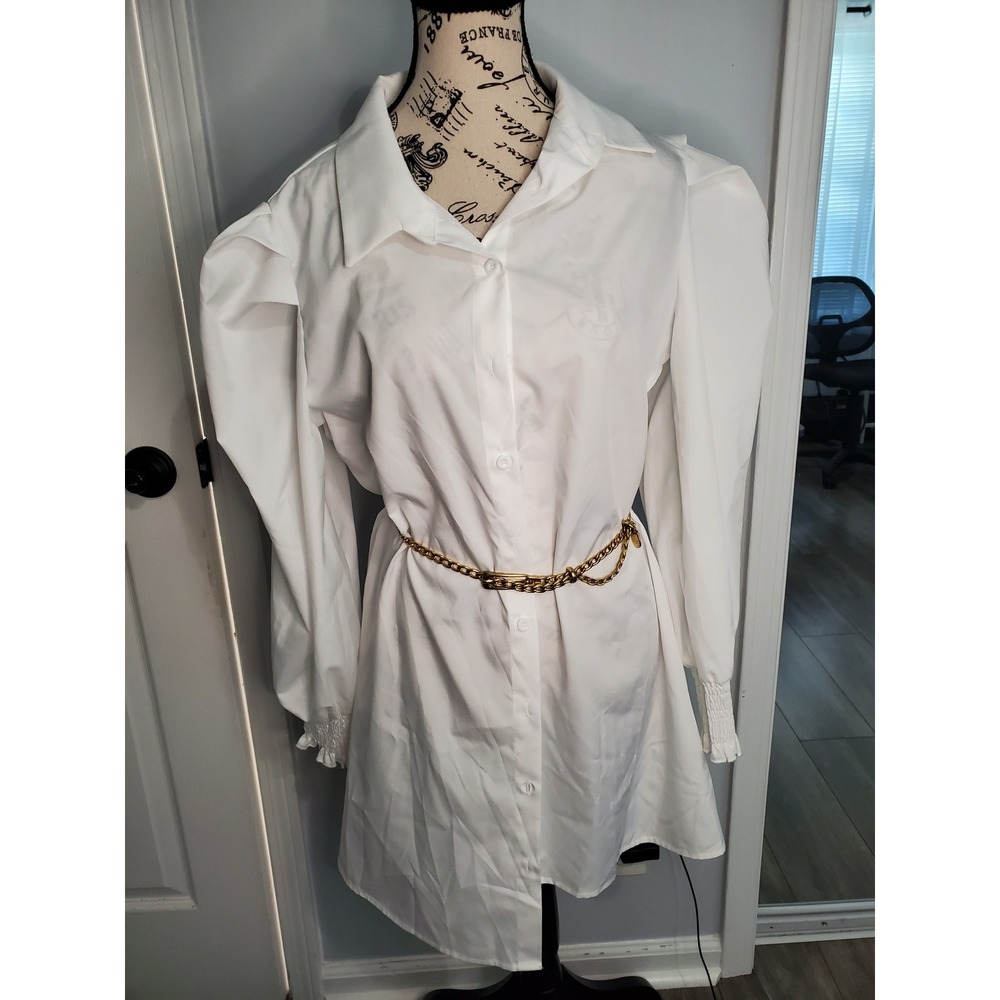 White Puff Sleeve Button Down Mini Shirt Dress Gold Chain Belt Smocked Cuffs